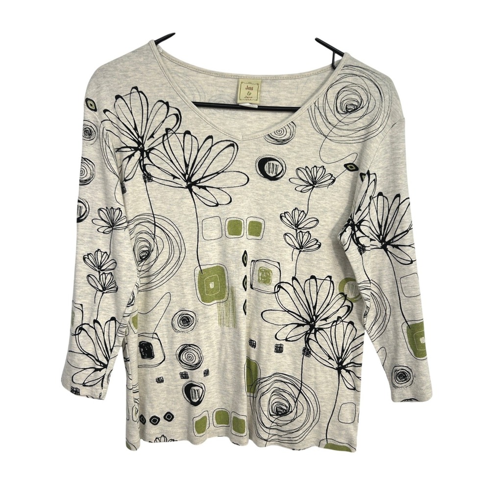 Jess & Jane Floral Art To Wear V Neck 3/4 Sleeve Top‎ Medium USA Lagenlook